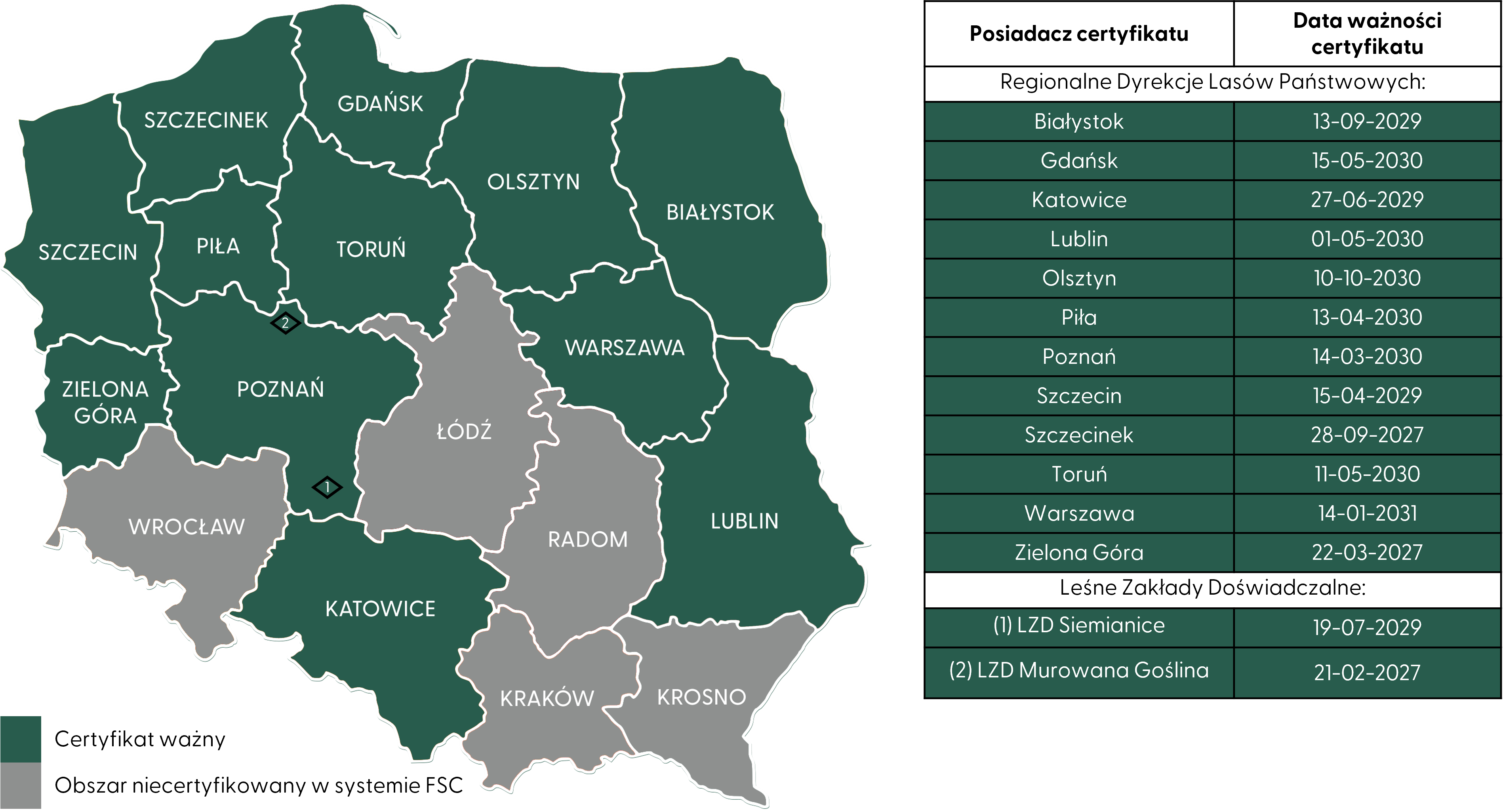 Mapa powierzchni certyfikowanej FSC w Polsce