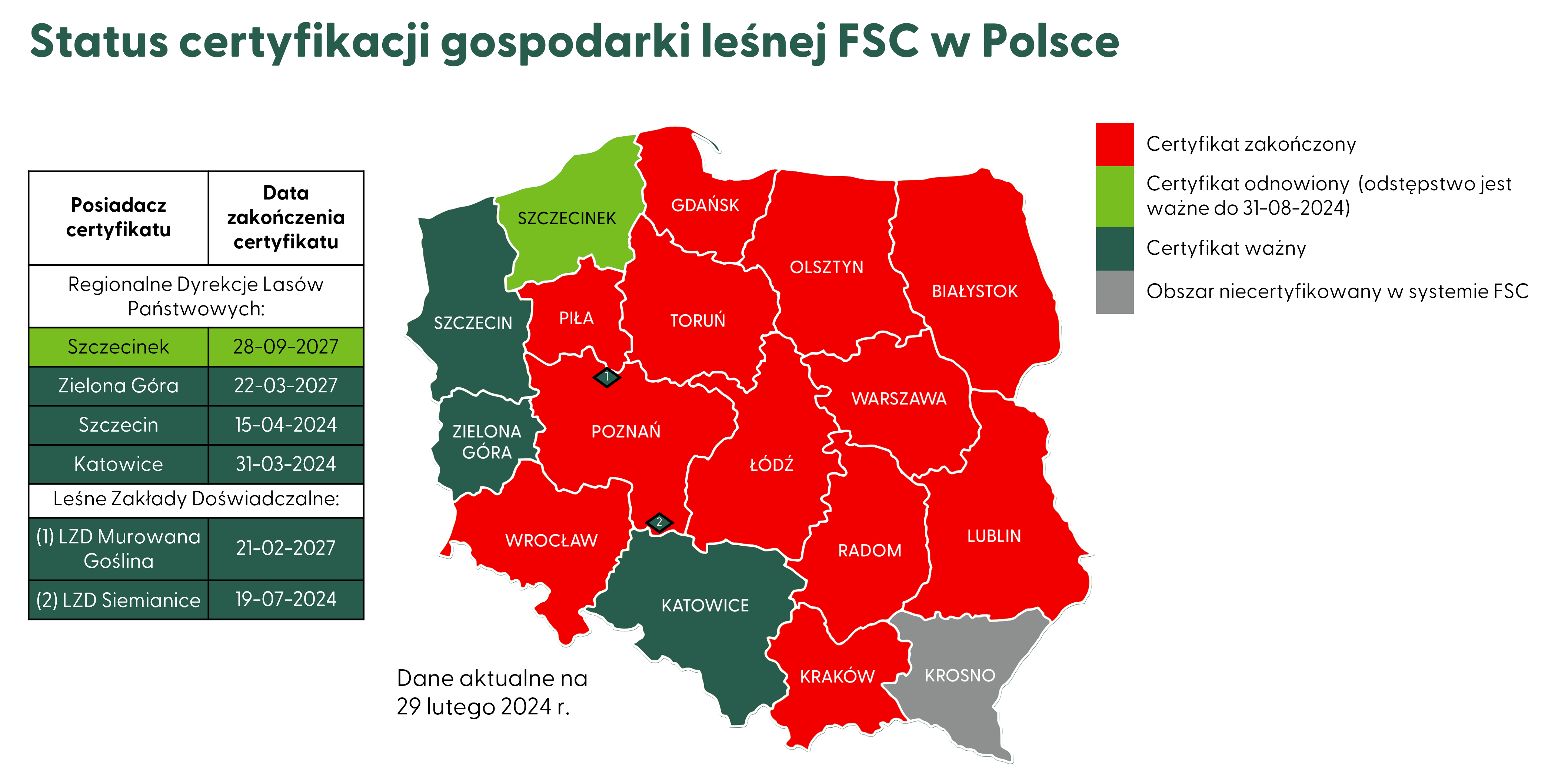 Status certyfikacji FSC w Polsce - mapa