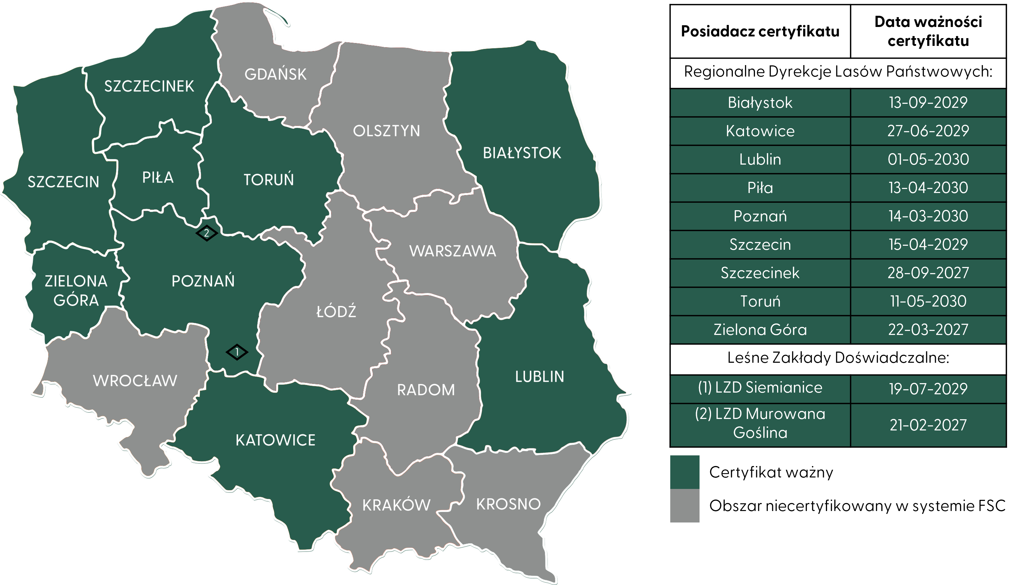 Status certyfikacji FSC w Polsce kwiecień 2025 - mapa