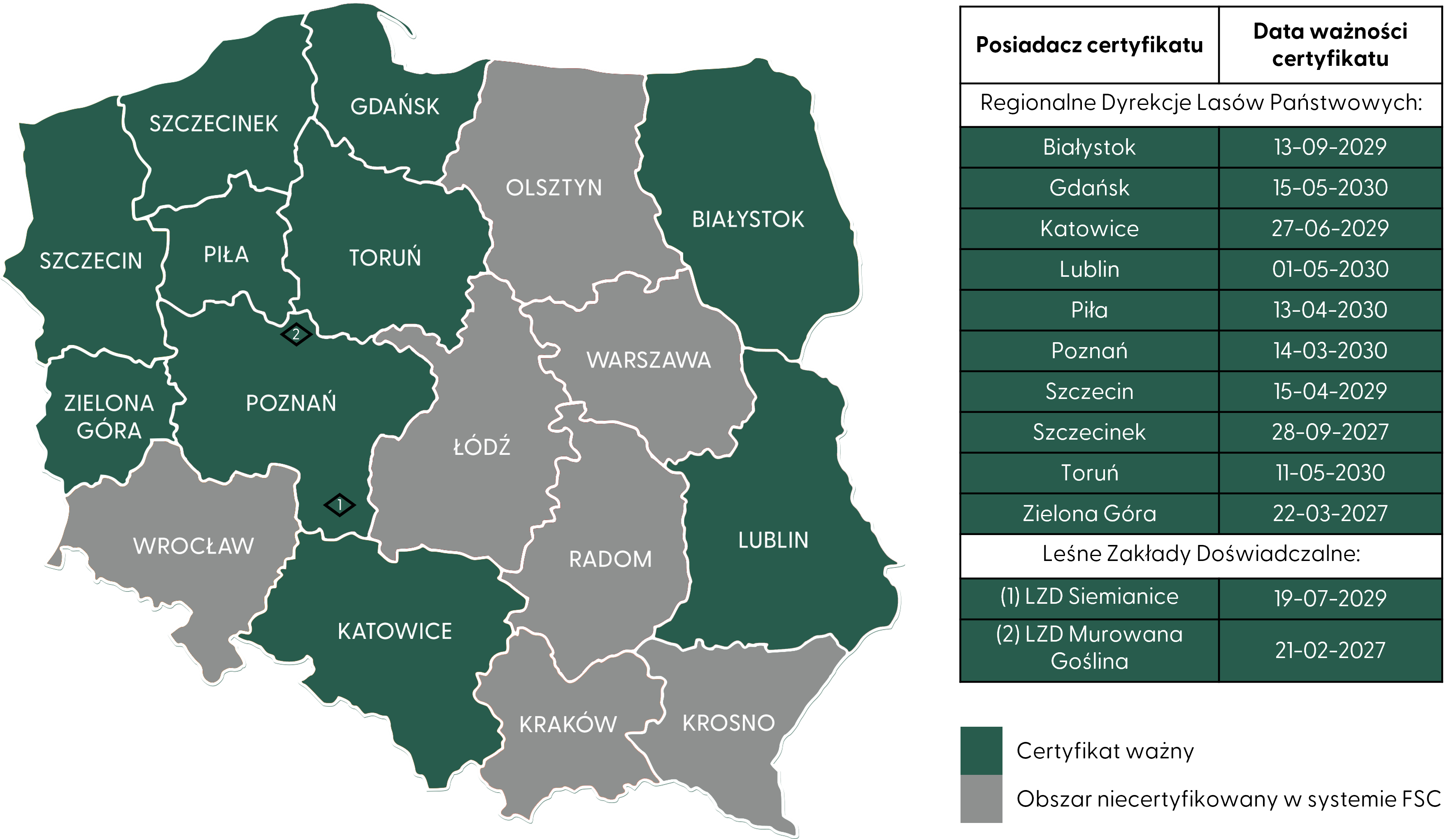Status certyfikacji FSC w Polsce kwiecień 2025 - mapa