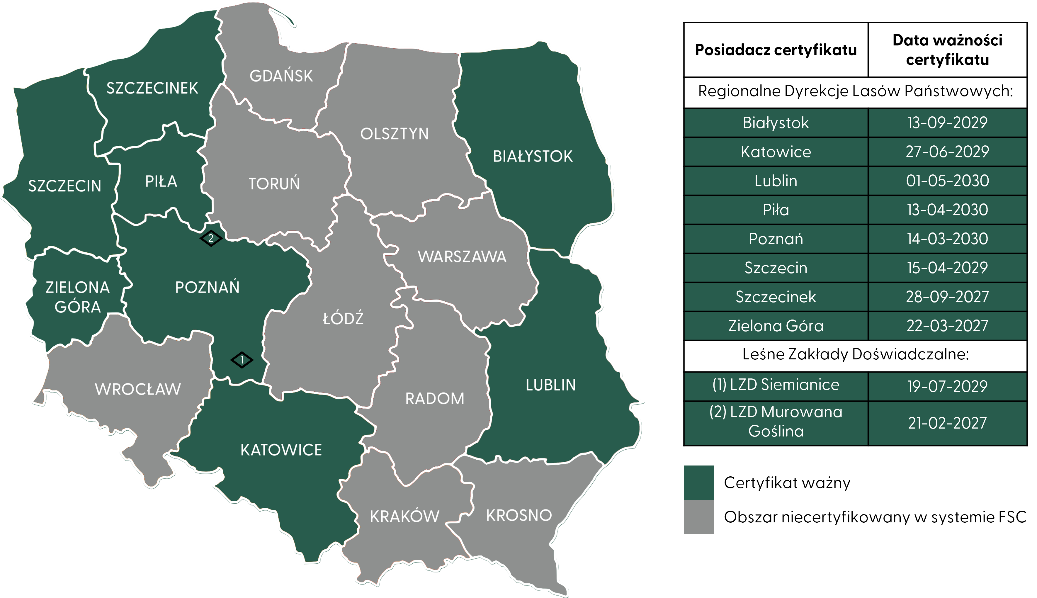 Status certyfikacji FSC w Polsce kwiecień 2025 - mapa